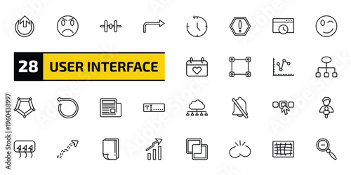 user interface outline icon set. 28 linear vector for ui, web and mobile. thin line external, angry smile, vertical align and more icons.