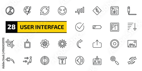 user interface outline icon set. 28 linear vector for ui, web and mobile. thin line pie chart organization, painter palette, reload webpage and more icons.