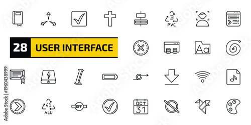 user interface outline icon set. 28 linear vector for ui, web and mobile. thin line ribbon from a book, expand arrows, check square and more icons.