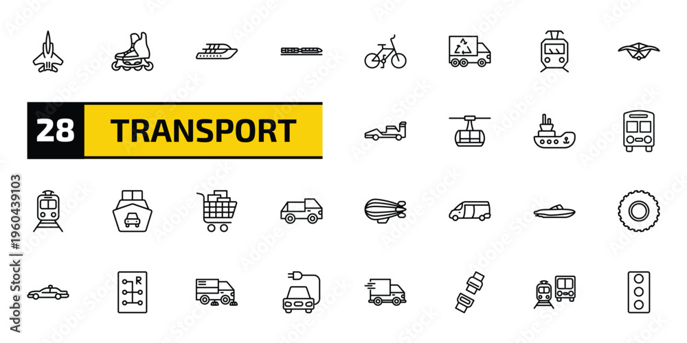Fototapeta premium transport outline icon set. 28 linear vector for ui, web and mobile. thin line army airplane, inline skates, yacht and more icons.