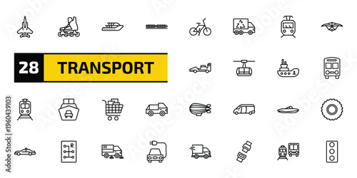 transport outline icon set. 28 linear vector for ui, web and mobile. thin line army airplane, inline skates, yacht and more icons.