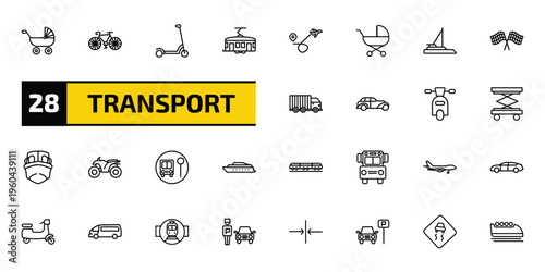 transport outline icon set. 28 linear vector for ui, web and mobile. thin line pram, vintage bicycle, kick scooter and more icons.