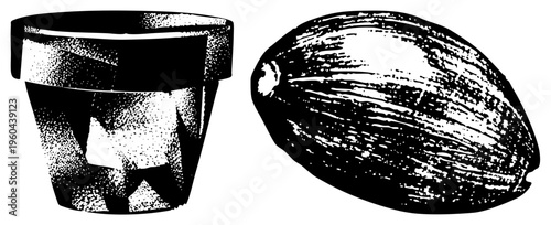 Cacao fruit pod with textured beside ceramic mug, halftone vector illustration, cocoa bean source, coffee and chocolate industry, black and white graphic design.