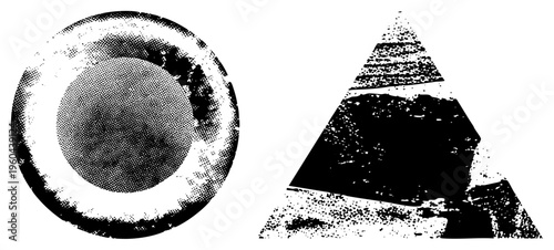 Vector halftone shapes, circular and triangular forms, distressed texture, black and white, graphic design elements, stylized geometric art.