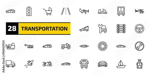 transportation outline icon set. 28 linear vector for ui, web and mobile. thin line suv, semaphore, baby trolley and more icons.
