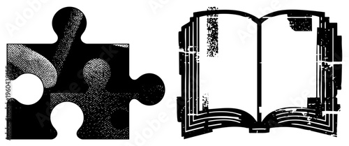 Educational representing knowledge and problem solving, halftone texture, vector illustration, learning tools, academic concepts.