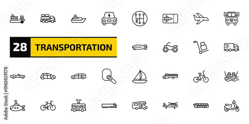 transportation outline icon set. 28 linear vector for ui, web and mobile. thin line paddlewheeler, cargo truck, cruiser and more icons.