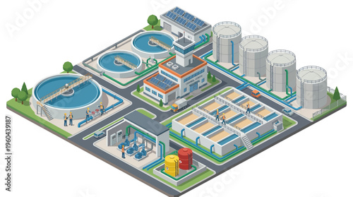 Modern isometric flat vector illustration of a water treatment plant with filtration system, storage tanks, and control center for urban infrastructure