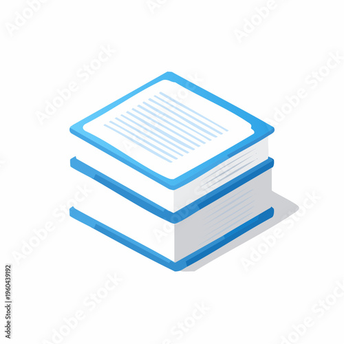 Stacked document files with blue binding on white background represent data