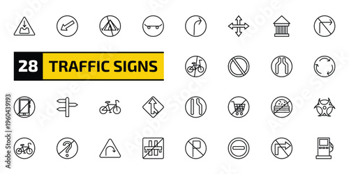 traffic signs outline icon set. 28 linear vector for ui, web and mobile. thin line pothole, keep left, no camping and more icons.
