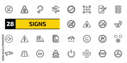 signs outline icon set. 28 linear vector for ui, web and mobile. thin line is not a sub, fire hazard, ceres and more icons.