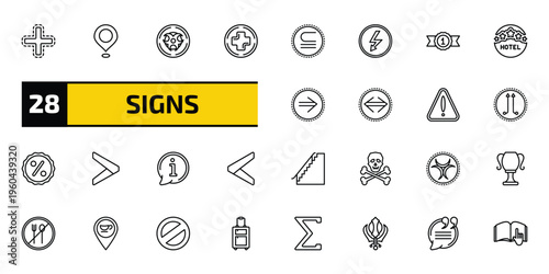 signs outline icon set. 28 linear vector for ui, web and mobile. thin line addition, placeholders, radioactive and more icons.