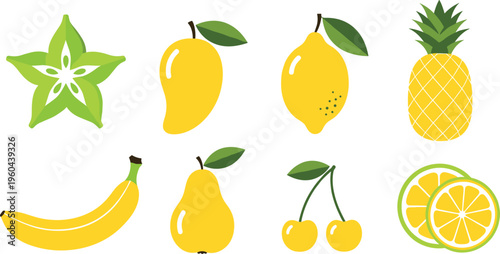 Colorful fruit flat icons set with mango lemon banana pineapple pear cherry and citrus symbols for healthy food design