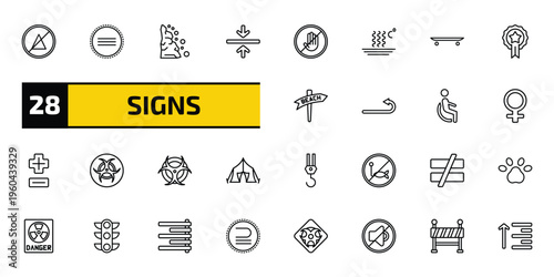 signs outline icon set. 28 linear vector for ui, web and mobile. thin line no bleaching, identical to, landslide and more icons.