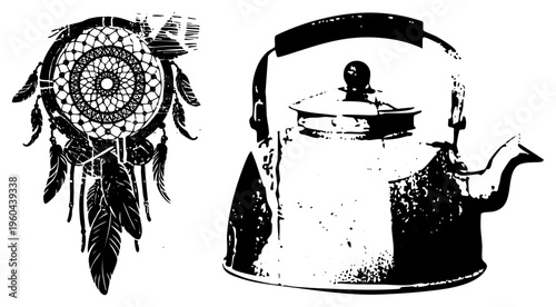 Dreamcatcher with feather charms and circular web, vintage kettle with lid and spout, stylized black and white vector art, folk decor, retro kitchenware.