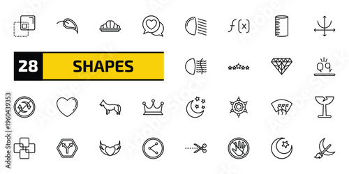 shapes outline icon set. 28 linear vector for ui, web and mobile. thin line minus front, elliptic, reign and more icons.