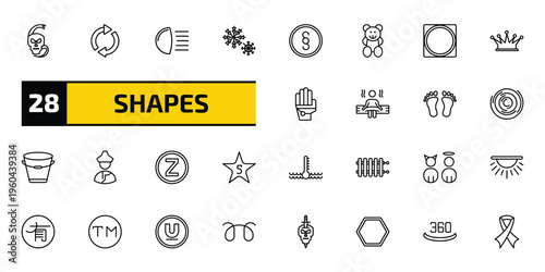 shapes outline icon set. 28 linear vector for ui, web and mobile. thin line skull and snake, rotate circle, high beam and more icons.