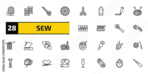 sew outline icon set. 28 linear vector for ui, web and mobile. thin line spool, coil, cutting tool and more icons.