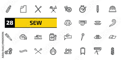 sew outline icon set. 28 linear vector for ui, web and mobile. thin line thread nippers, jeans pocket, pins and more icons.