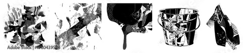 Fragmented halftone textures, geometric ink drips, vector art, black and white graphic design, digital illustration elements.