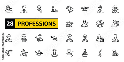 professions outline icon set. 28 linear vector for ui, web and mobile. thin line pediatrician, businessman, actor and more icons.