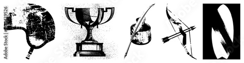 Classic sports equipment rendered in halftone vector hockey helmet, trophy cup, bow, arrow, and shield., textured, retro graphic style.