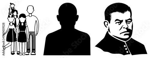Black vector silhouettes of family, back view man, and expressive male face, minimalist graphic, design, stylized human forms.