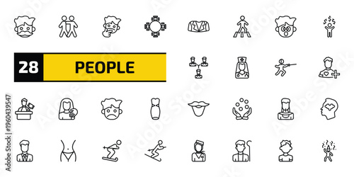people outline icon set. 28 linear vector for ui, web and mobile. thin line hipster smile, hugging, thinking smile and more icons.