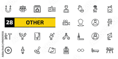 other outline icon set. 28 linear vector for ui, web and mobile. thin line electromagnet, limited liability, pumpkin calendar and more icons.