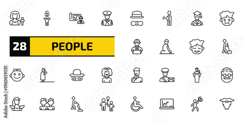 people outline icon set. 28 linear vector for ui, web and mobile. thin line foreign reporter, man with open lock, architect and more icons.