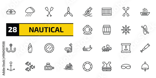 nautical outline icon set. 28 linear vector for ui, web and mobile. thin line sailor cap, rainy cloud, paddles and more icons.