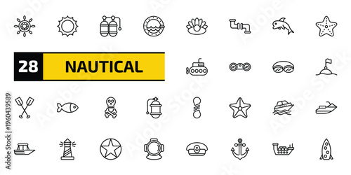 nautical outline icon set. 28 linear vector for ui, web and mobile. thin line helm, sun shining, double air tank and more icons.
