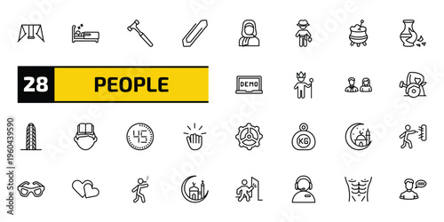 people outline icon set. 28 linear vector for ui, web and mobile. thin line swing game, sleepy, work hammer and more icons.