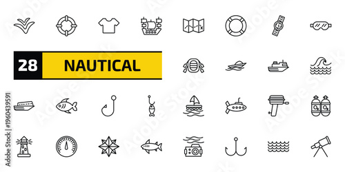 nautical outline icon set. 28 linear vector for ui, web and mobile. thin line seagull, life preserver, shirt and more icons.