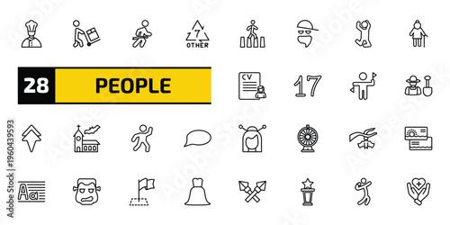 people outline icon set. 28 linear vector for ui, web and mobile. thin line cook, worker loading, running at finish line and more icons.