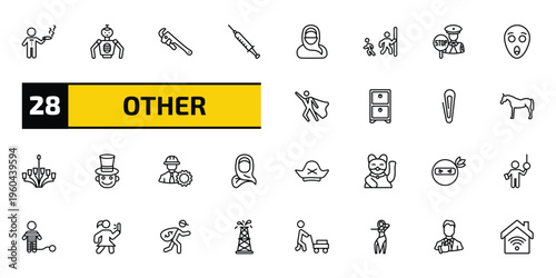 other outline icon set. 28 linear vector for ui, web and mobile. thin line smoking man, robot of japan, pipe wrench and more icons.