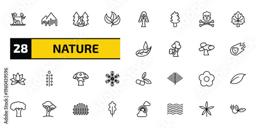 nature outline icon set. 28 linear vector for ui, web and mobile. thin line stump house, melting, forest fire and more icons.