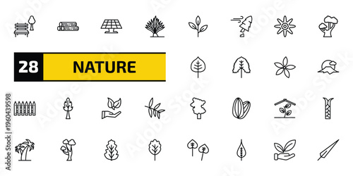 nature outline icon set. 28 linear vector for ui, web and mobile. thin line park bench, woods, solar and more icons.
