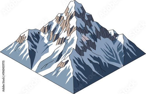 Isometric snowy mountain illustration with detailed ridges and peaks, winter landscape vector design, alpine terrain geometric style