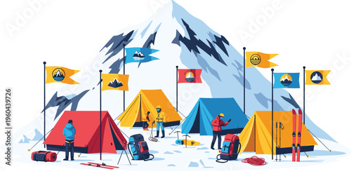 Mountain base camp illustration with colorful tents, climbers preparing expedition, alpine adventure scene, outdoor travel vector design