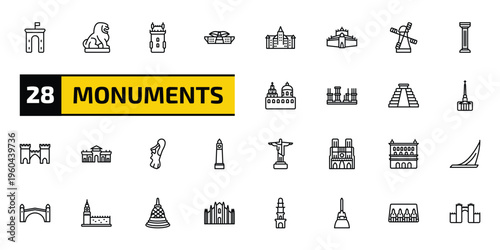 monuments outline icon set. 28 linear vector for ui, web and mobile. thin line ejer baunehoj, imperial guardian lion, belem tower and more icons.