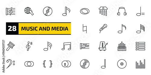 music and media outline icon set. 28 linear vector for ui, web and mobile. thin line stave, globe with pointer, music record and more icons.