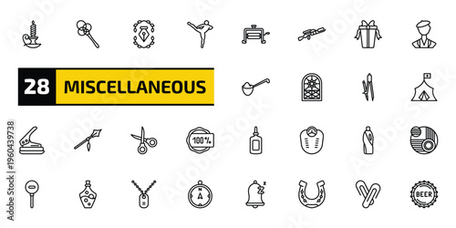miscellaneous outline icon set. 28 linear vector for ui, web and mobile. thin line candlestick, carpet beater, will and more icons.