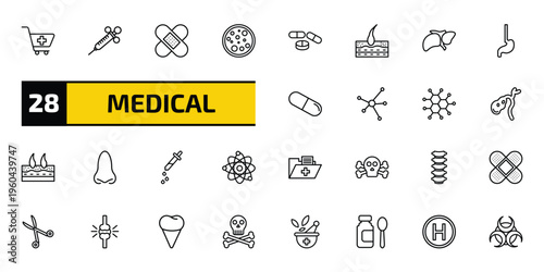 medical outline icon set. 28 linear vector for ui, web and mobile. thin line phary shopping cart, anesthesia, plastering and more icons.