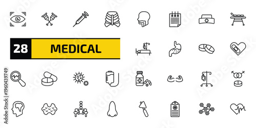 medical outline icon set. 28 linear vector for ui, web and mobile. thin line eye scanner medical, crutches couple, syringe with medicine and more icons.
