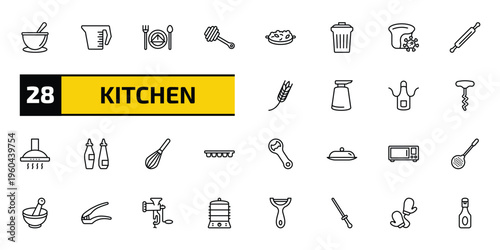 kitchen outline icon set. 28 linear vector for ui, web and mobile. thin line soup bowl, measuring cup, dinner and more icons.