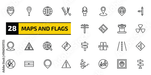maps and flags outline icon set. 28 linear vector for ui, web and mobile. thin line reading zone, placeholder point, earth gobe and more icons.