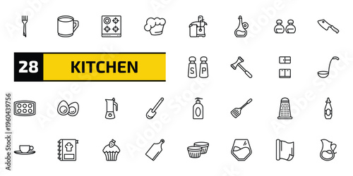 kitchen outline icon set. 28 linear vector for ui, web and mobile. thin line fork, mug, stove and more icons.