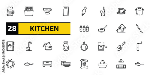 kitchen outline icon set. 28 linear vector for ui, web and mobile. thin line beer, dishwasher, nder and more icons.