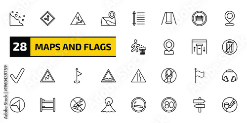maps and flags outline icon set. 28 linear vector for ui, web and mobile. thin line rock landslide safety, left side road, electrocution risk and more icons.